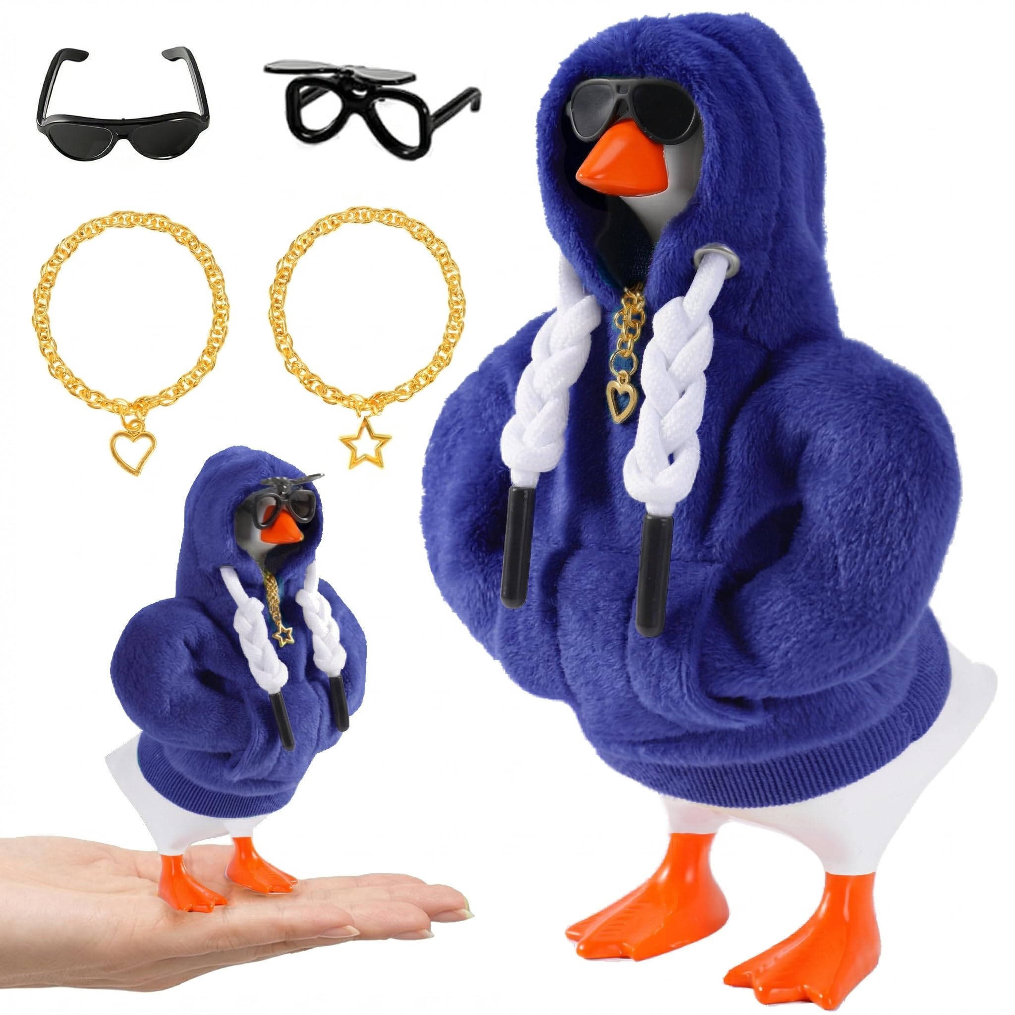 7inch Desk Goose Outfits, Desktop Goose Clothes With 1 Sunglasses & 1 Necklaces, Plush Hoodie Set For Magnetic Goose Statue