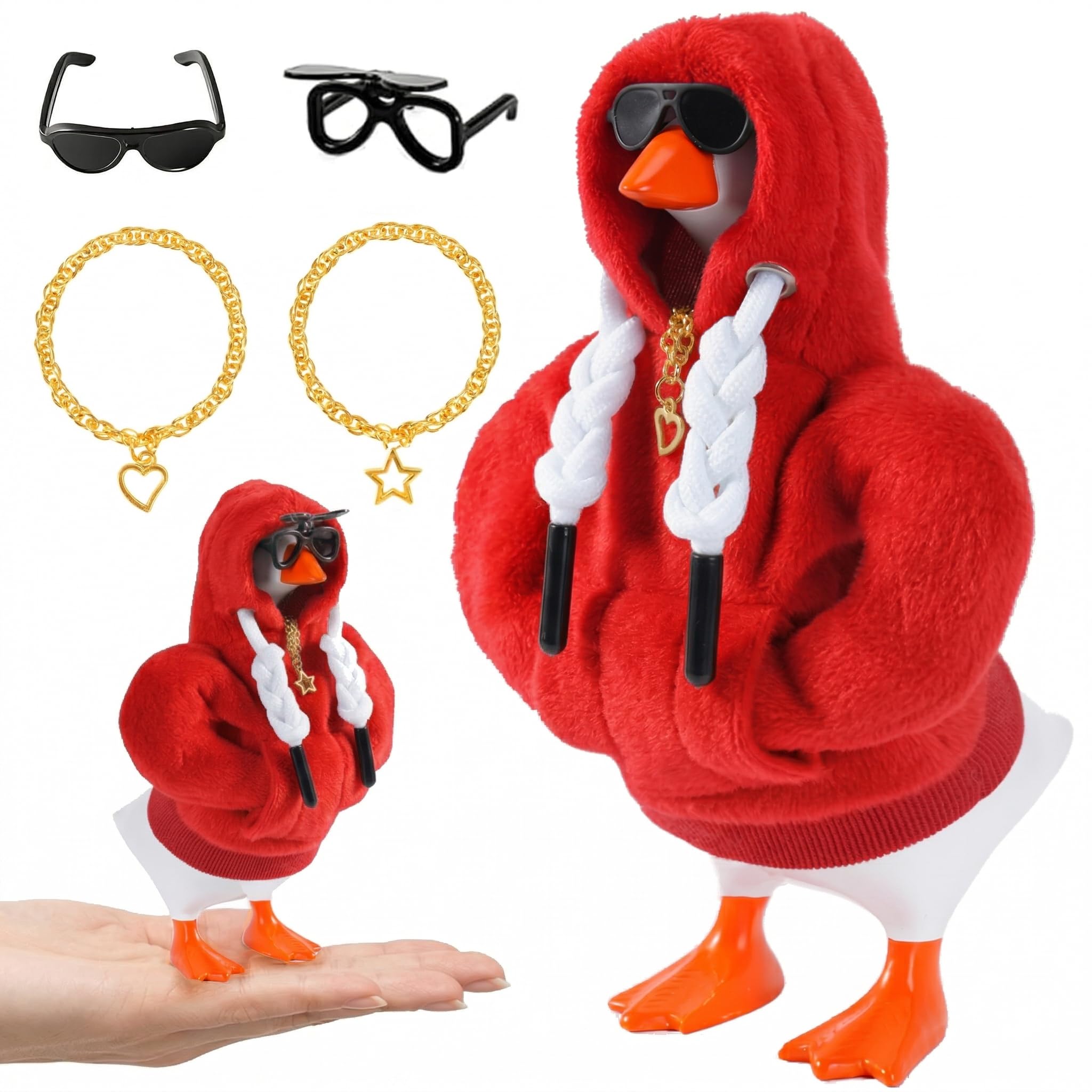 7inch Desk Goose Outfits, Desktop Goose Clothes With 1 Sunglasses & 1 Necklaces, Plush Hoodie Set For Magnetic Goose Statue